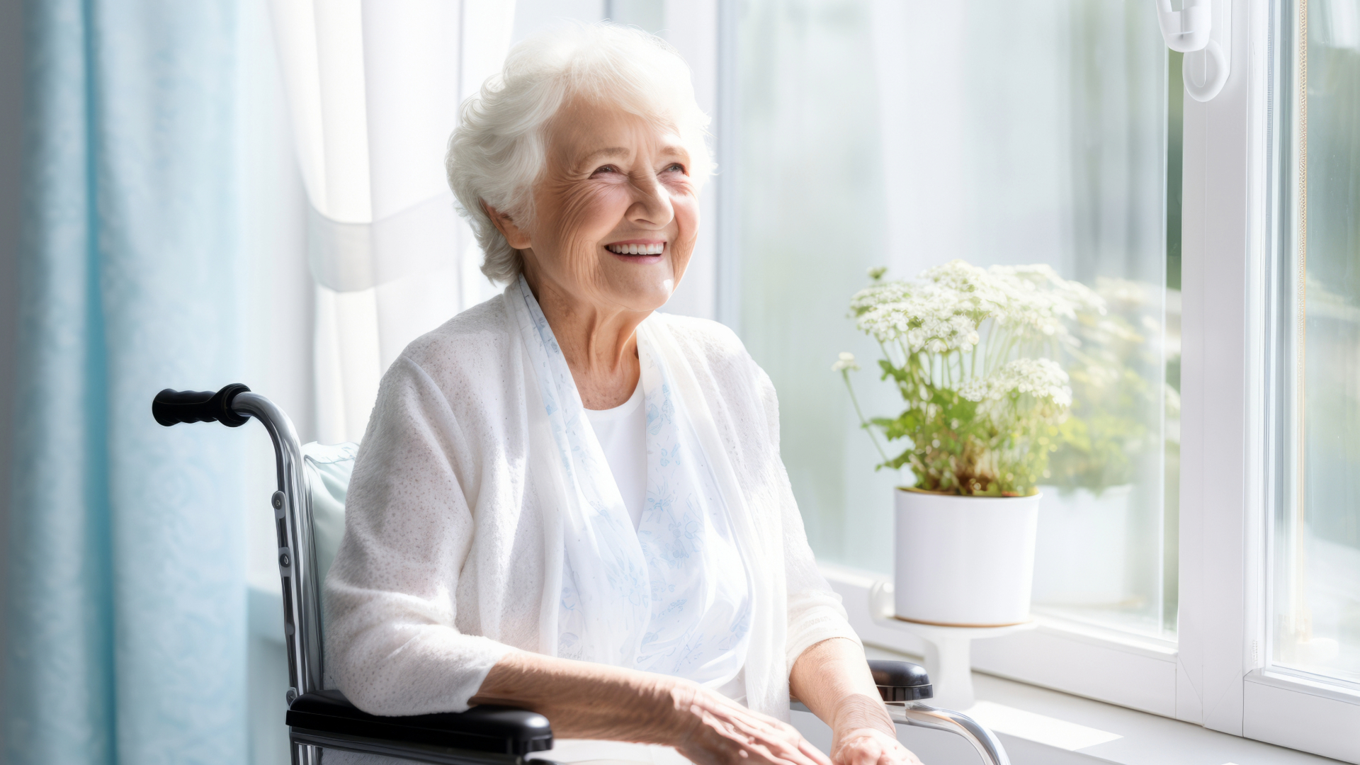 Elderly women in nursing home sitting by the window in wheelchair.